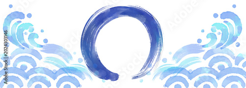 Japanese Brush Wave Banner Background with Enso Circle Watercolor Design