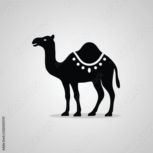 Black silhouette of a camel with saddle against a light gray background, middle east