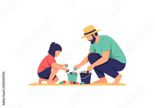 Father and son playing with sand at the beach