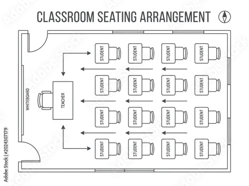 Classroom floor plan and educational interior layout illustration with student desks teacher area smart board and architectural blueprint design