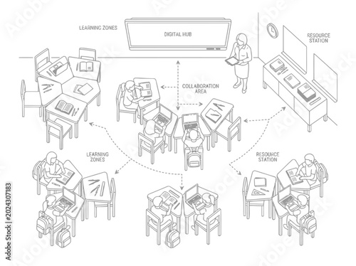 Classroom floor plan and educational interior layout illustration with student desks teacher area smart board and architectural blueprint design