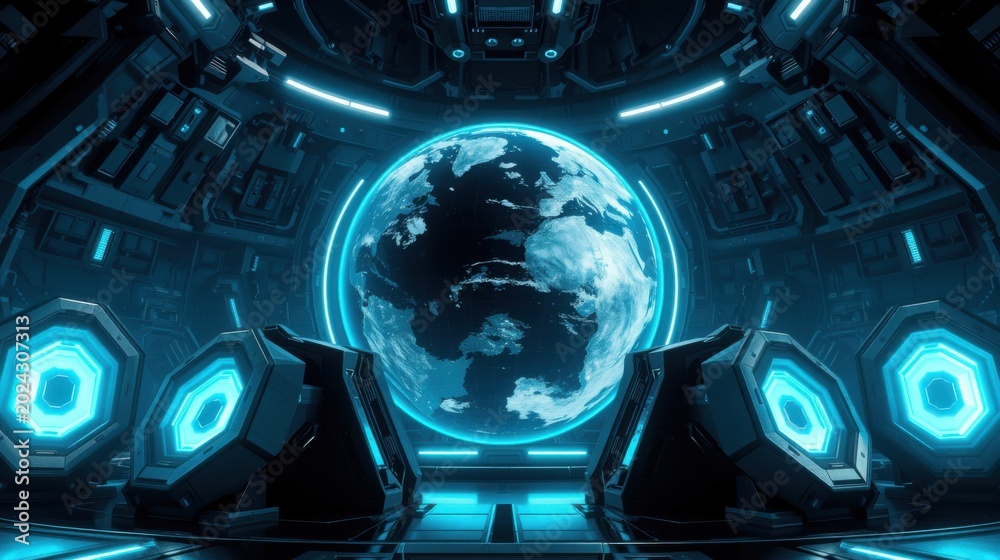 Fototapeta premium Futuristic spaceship interior. Earth visible through circular window. Blue lighting dominates complex paneling, creating dramatic effect.