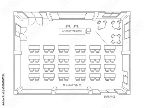 Classroom floor plan and educational interior layout illustration with student desks teacher area smart board and architectural blueprint design