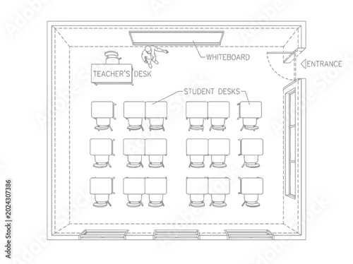 Classroom floor plan and educational interior layout illustration with student desks teacher area smart board and architectural blueprint design