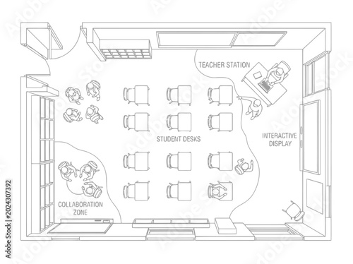 Classroom floor plan and educational interior layout illustration with student desks teacher area smart board and architectural blueprint design