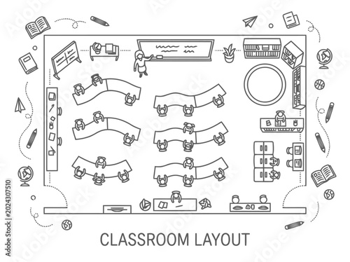 Classroom floor plan and educational interior layout illustration with student desks teacher area smart board and architectural blueprint design
