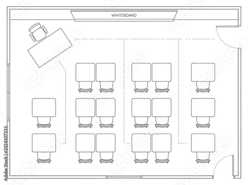 Classroom floor plan and educational interior layout illustration with student desks teacher area smart board and architectural blueprint design