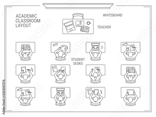 Classroom floor plan and educational interior layout illustration with student desks teacher area smart board and architectural blueprint design