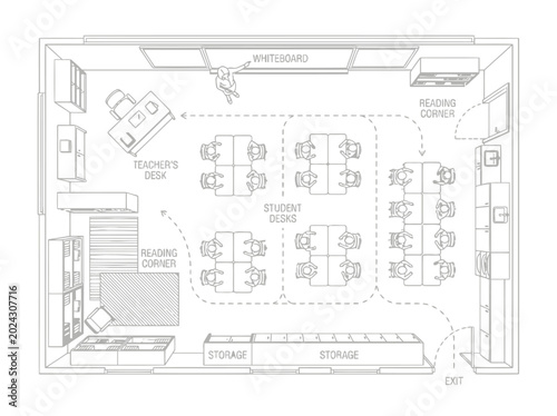 Classroom floor plan and educational interior layout illustration with student desks teacher area smart board and architectural blueprint design