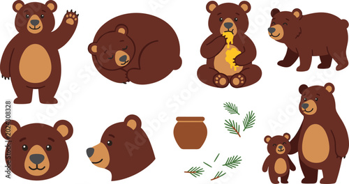 Bild auf Leinwand Cute Brown Bear Vector Illustration Collection Featuring Standing, Sleeping, Wal