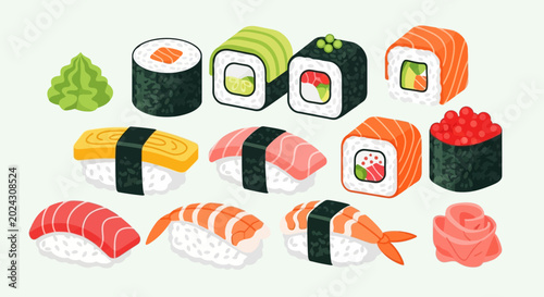 Fotografía Variety of sushi and maki rolls.