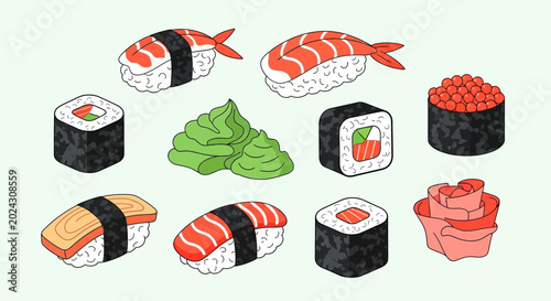 Fotografía Variety of sushi and maki rolls.