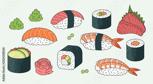 Foto Variety of sushi and maki rolls.