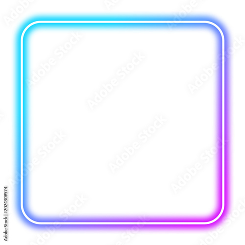 Glowing neon gradient square frame on transparent background. 