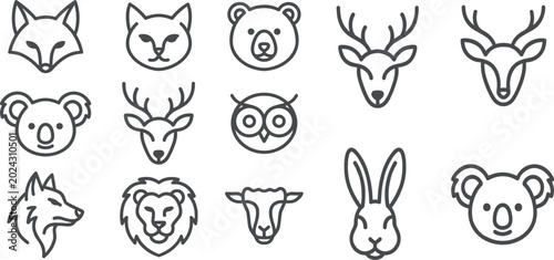 Canvas Print Minimal Woodland Animal Face Vector Icon Collection Featuring Fox, Bear, Deer, O