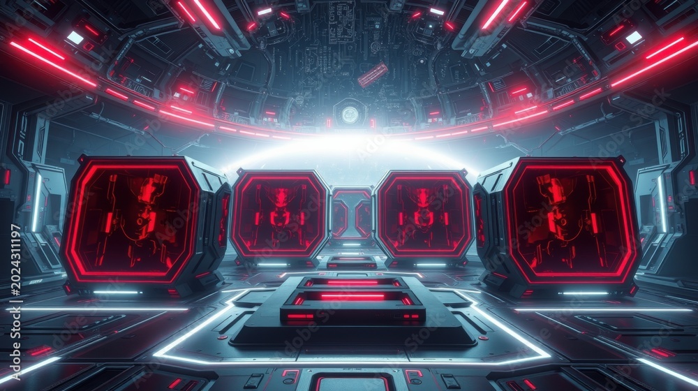 Fototapeta premium Futuristic corridor. Red lights illuminate sleek metallic walls. Symmetry dominates design, creating intense atmosphere. Central focus draws eye forward.