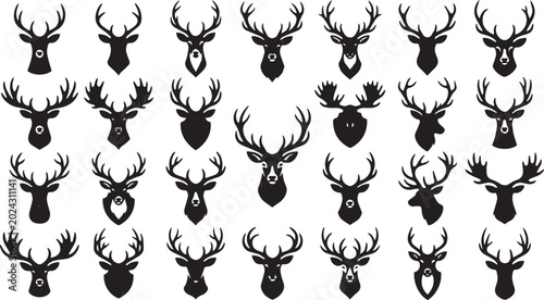 A captivating concept of diverse deer and elk head silhouettes, showcasing various antler formations and majestic wildlife profiles for nature-inspired design elements and hunting themes