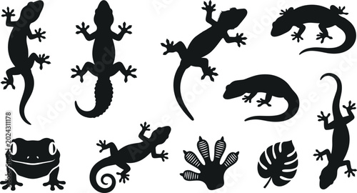 Foto Reptile and Amphibian Silhouette Vector Collection Featuring Gecko, Salamander,