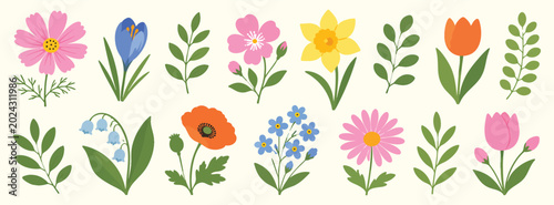 Schilderij op canvas Set of spring flowers and green leaves, hand drawn botanical elements