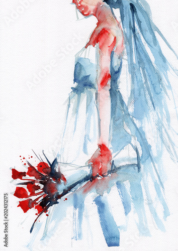 Collection of semi-abstract watercolor illustrations themed around weddings and couples, featuring romantic scenes, bridal portraits, expressive brushwork, and textured paper backgrounds.