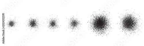 Foto Set of six black spray paint splatter textures isolated on white background