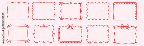Fotografie Set of handdrawn red rectangular frames, doodle style borders for invitations, c
