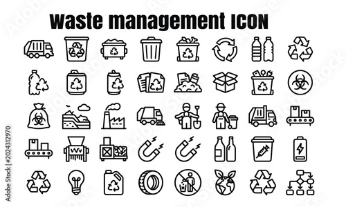 Waste management icon set. Editable line icons. Vector illustration.
