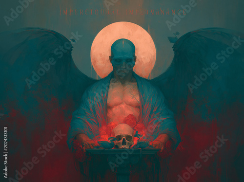 Figure with wings stands before a table with a skull and flowers under a large moon at night