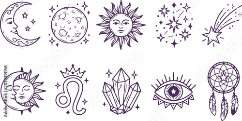Photos Mystical celestial bodies sun moon stars and crystals on transparent background for occult design