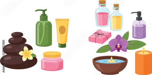 Photography Spa skincare products and wellness accessories collection with candles flowers l