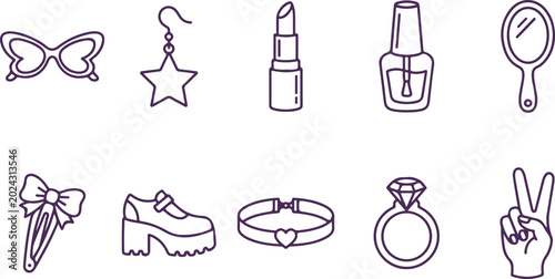 Foto Set of outline drawings of fashion accessories and beauty items for women