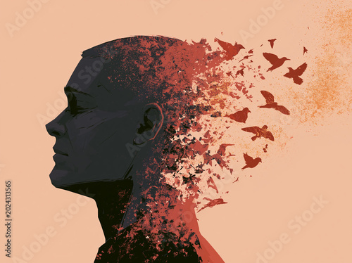 Human head with birds flying away representing thoughts, dreams, and freedom in a creative display