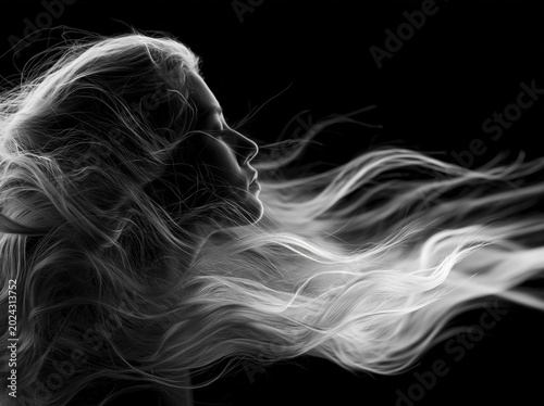 Woman with long hair standing in a dark space with hair flowing in the wind at night