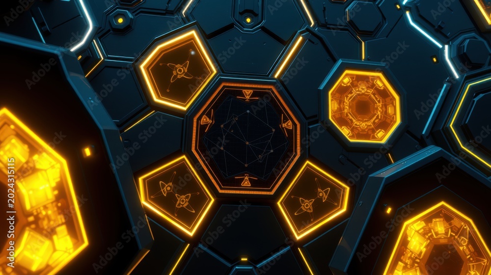 Fototapeta premium Futuristic tunnel design. Hexagonal patterns glow orange, blue dominates background. Complex geometry creates depth, light effects prominent.