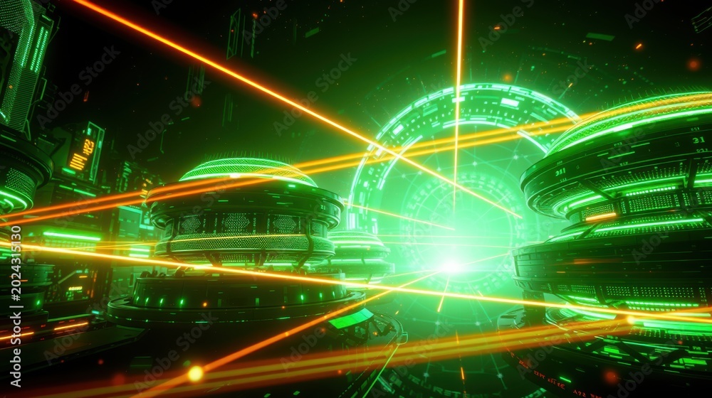 Fototapeta premium Futuristic interior, glowing neon lights, complex structures. Red beams intersect green illumination creating dynamic visual effect. Dark background emphasizes bright elements.