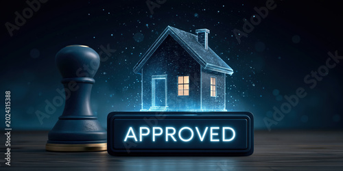 Real estate finance approved holographic house with stamp conveying mortgage decision and positive emotional relief