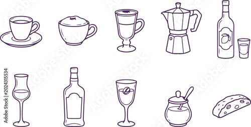 Fotografía Coffee and drinks collection espresso cup and saucer moka pot wine glasses cordial bottle