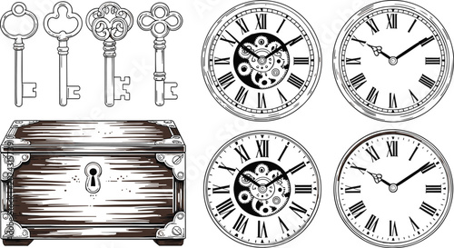 Photos Vintage Antique Objects Vector Set Featuring Roman Numeral Clocks Skeletal Gears