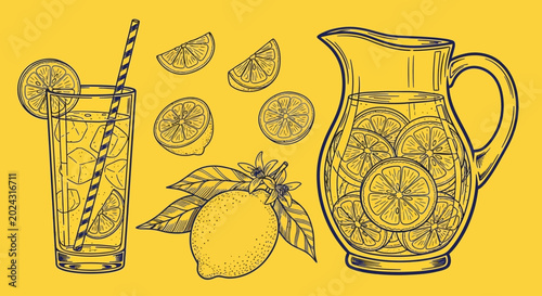 Quadro su tela Lemonade, citrus drink, vector icons, yellow background, illustration set