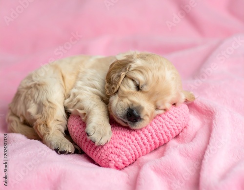 Sleeping puppy on pink pillow and blanket peaceful domestic animal portrait