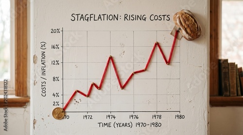 Stagflation concept with red thread line graph on white wall, gold coin at the bottom and loaf of bread at the top representing high inflation and cost.