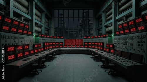 Massive industrial power plant control room interior with dark monitors displaying a glowing red system offline warning message during a facility blackout.