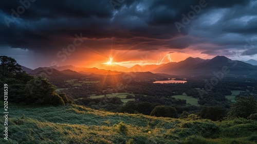 Dramatic sunset over mountains with dark clouds and lightning in a beautiful landscape view