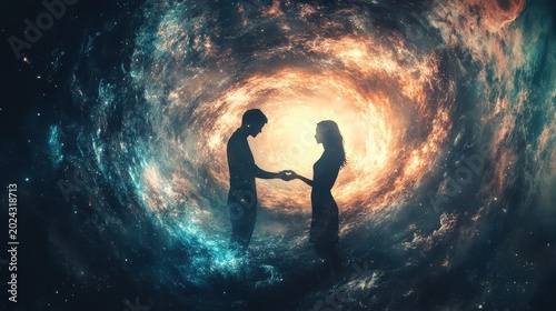 Two silhouettes connect in a cosmic swirl, embodying love and unity in a universe of endless possibilities and wonder.