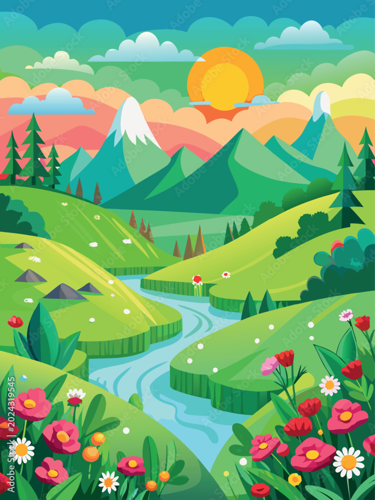 Fototapeta premium Vibrant Cartoon Nature Landscape Illustration with Flowing River, Colorful Flowers, Rolling Hills, Trees, Mountains, Sunny Outdoors