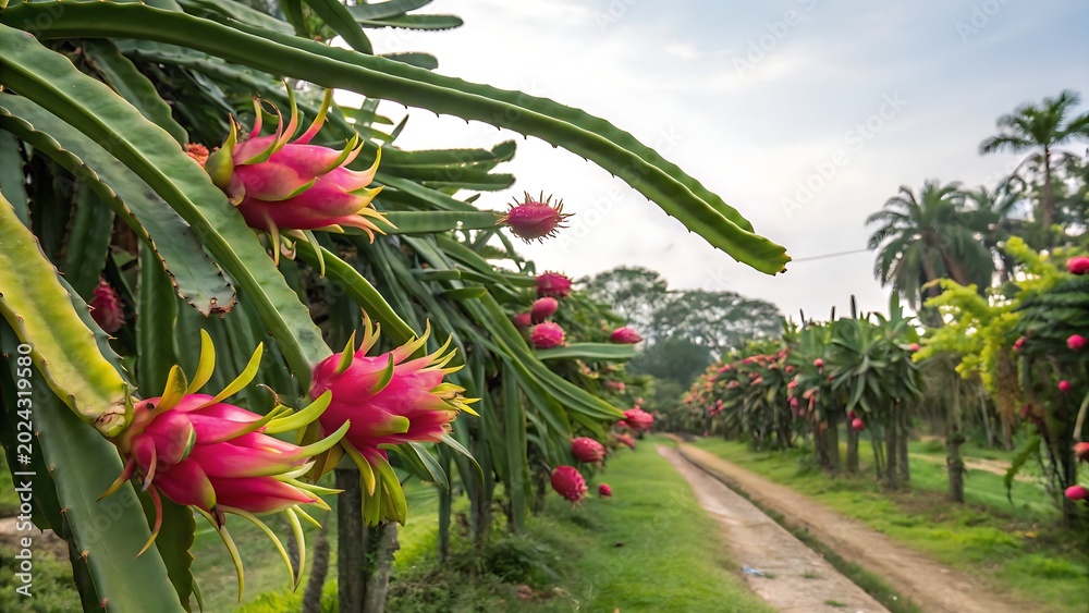 Fototapeta premium Dragon fruit cactus with vibrant pink flowers blooming in tropical plantation under bright daylight
