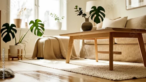 A mop cleans a wooden floor in a bright living room with a couch and plants
