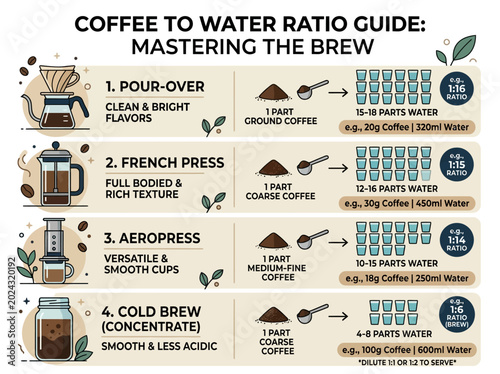 Infographic explaining coffee to water ratio for pour-over, French press, Aeropress, and cold brew methods