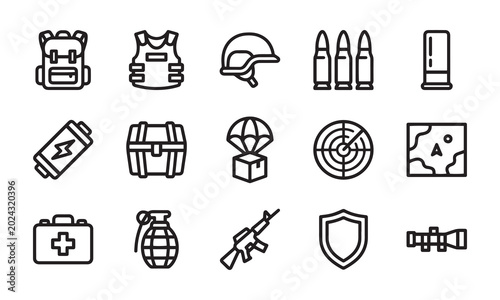 Billede på lærred Tactical combat gear and survival items set for military shooter game asset design