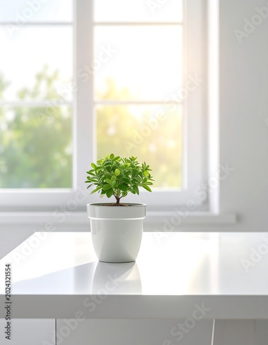 Small potted plant on white table in front of window with natural light